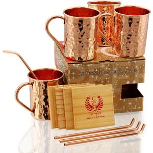 Gift Set Pure Copper Hammered Mugs with Copper Straws & Wooden Coasters Set of 4 - PREMIUM QUALITY -16 Oz Copper Mug - 100% Handcrafted - A Gift Pack For Your Loved Ones 
