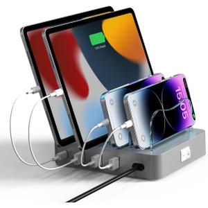 Charging Station for Multiple Devices - 4-Port 20W PD USB-C Fast Charger for iPhone iPad Smartphones Tablets Universal Compatibility, Detachable Baffle Design with LED Night Light (Silvery)
