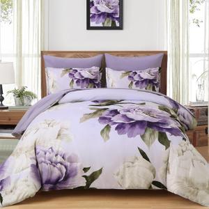 Dobuyly Purple King Size Comforter Set 7 Piece Bed in a Bag, Floral Printed on Light Purple Comforter Set with Sheets, Soft Microfiber Complete Bedding Set