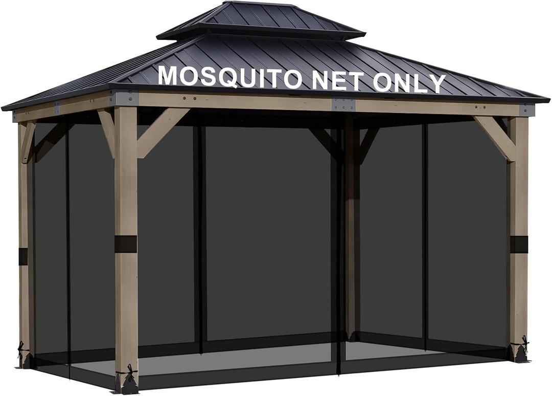 BPS 10' x 13' Gazebo Universal Mosquito Netting Screen Replacement, 4-Panel Screen Walls with Double Zippers for Outdoor Patio, Black (Mosquito Net Only)
