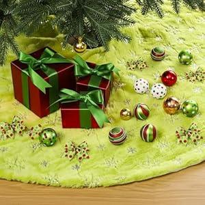 Mindsoft 60 Inch Green Christmas Tree Skirt Large Faux Fur Plush Xmas Tree Skirts with Sequin Snowflake for Christmas Decoration Xmas Ornaments Holiday Party