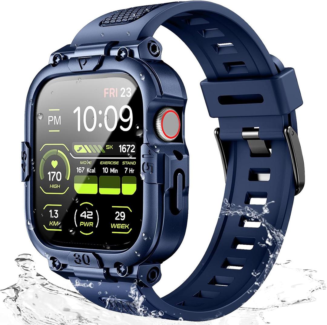 Dsytom Waterproof Case with Band Compatible for Apple Watch Band 46mm 45mm 44mm 42mmS10 41mm 40mm for Men,Rugged Smartwatch Strap with Built-in Tempered Glass Screen Protector for iWatch Series 10/9/8/7/6/5/4/SE/SE2 (Dark Blue)