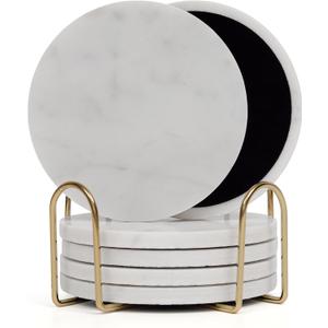 Carrara White Marble Coasters Set of 6 with Holder, Elegant Modern Round White Marble Drink Coasters for Coffee Table Decor, Semi Absorbent Stone Coaster for Drinks, Velvet Backed