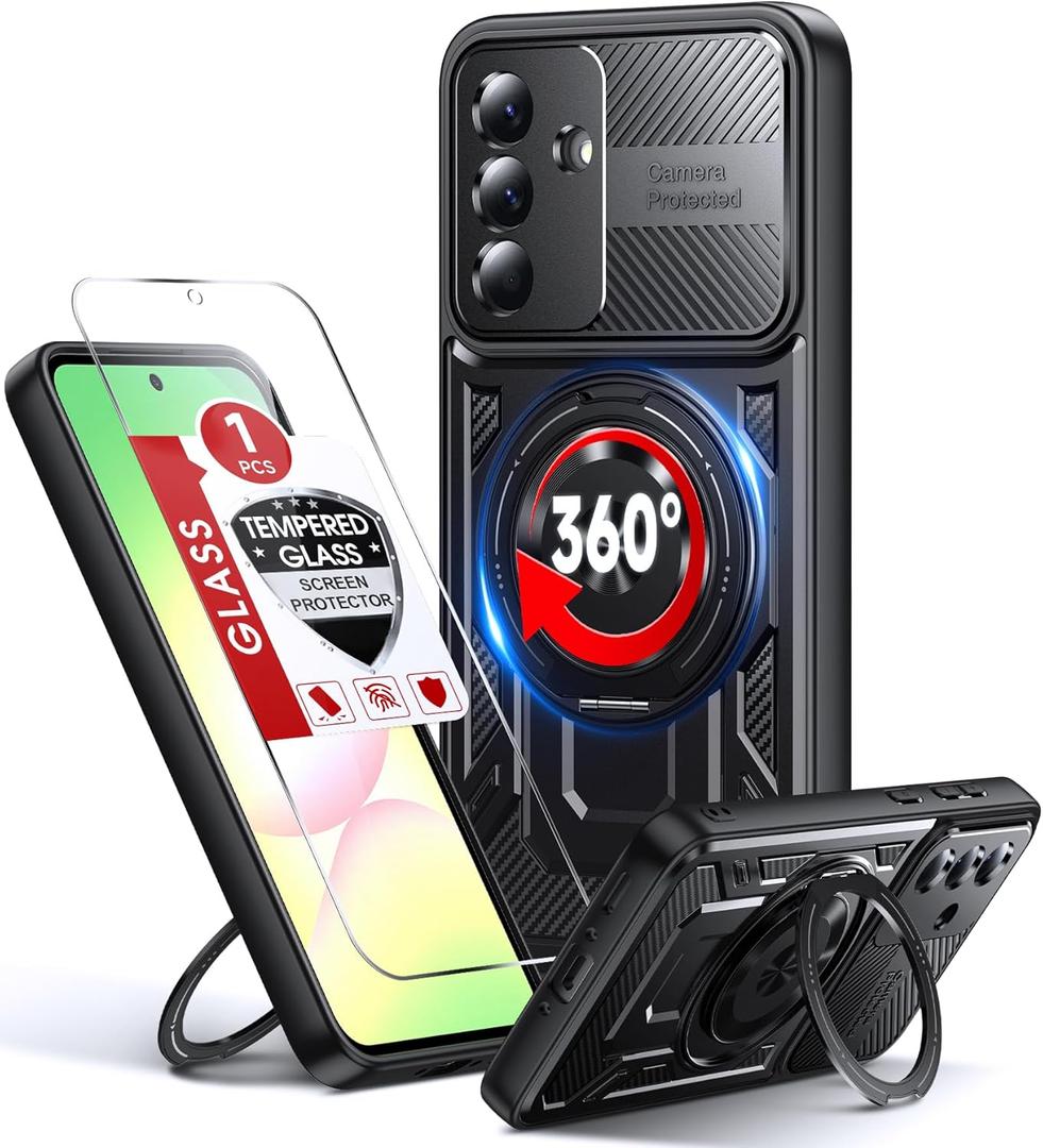 LeYi for Samsung Galaxy A36-5G Phone Case: with Glass Screen Protector, [Fit Magsafe] Heavy Duty 16FT Drop Protection Android Cell Cover Funda para 360 Invisible Ring Stand Samsung A 36 5G, Black