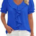 PRETTYGARDEN Women's Summer Dressy Casual Blouses 2026 Short Sleeve V Neck Ruffle Business Work Tops Trendy Spring Outfits (Blue, S)