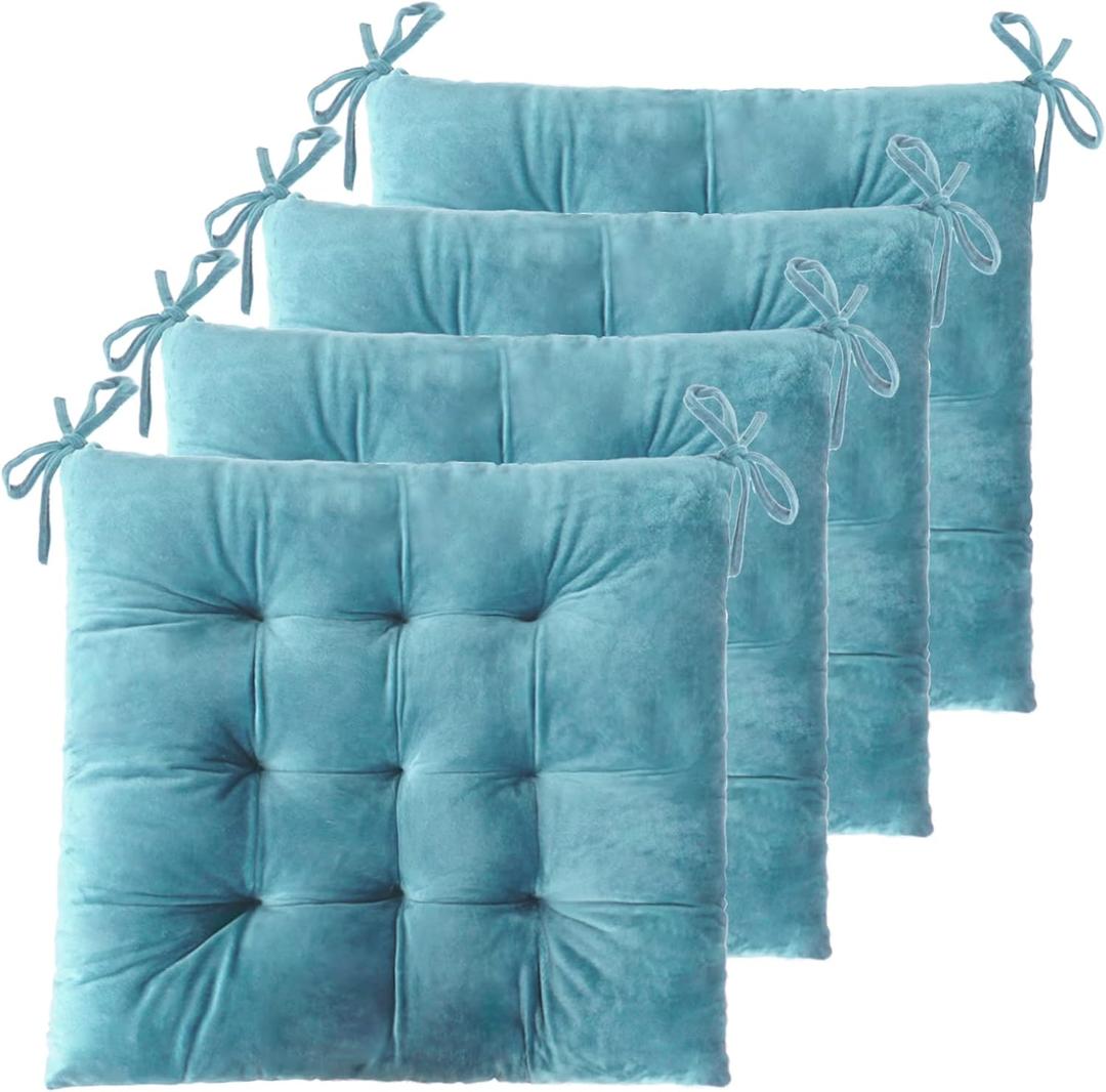 ELFJOY 4 Pack Chair Cushions for Dining Chairs Chair Pads Cushion for Kitchen Office Tufted Square Seat Cushion with Ties (16" Blue Velvet)