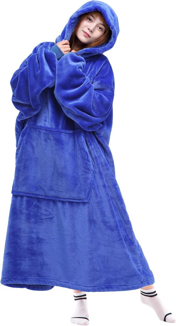 Waitu Wearable Blanket Sweatshirt Gifts for Women and Men, Warm and Cozy Giant Blanket Hoodie, Thick Flannel Blanket with Sleeves and Giant Pocket - Blue (Adult)