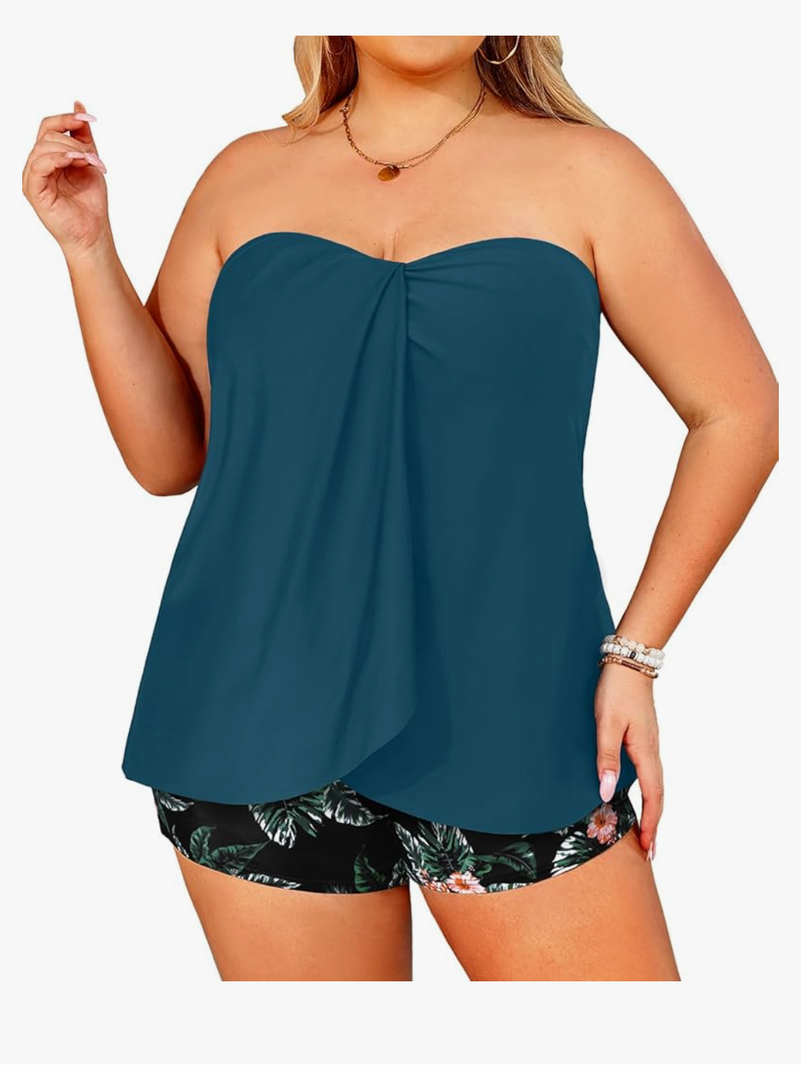 Daci Plus Size Bandeau Tankini Swimsuit for Women 2 Piece Halter Swim Top with Shorts Tummy Control Bathing Suits, Size:XXL