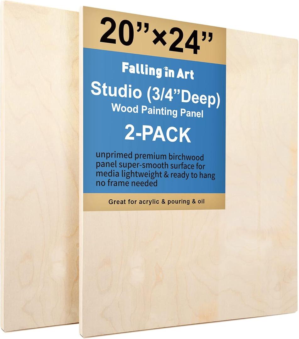 Falling in Art Unfinished Birch Wood Panels Kit for Painting, Wooden Canvas 2 Pack of 20x24 Studio 3/4 Deep, Cradle Boards for Pouring, Art, Crafts, Burning and More