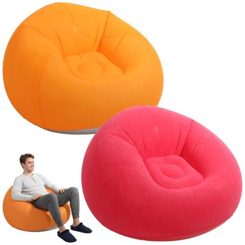2 Pcs Inflatable Lazy Sofa Chairs, 41.3 in Inflatable Bean Bag Chairs Set, Portable Inflatable Chair for Adults Youngsters, Indoor Outdoor Lounging, Red & Orange