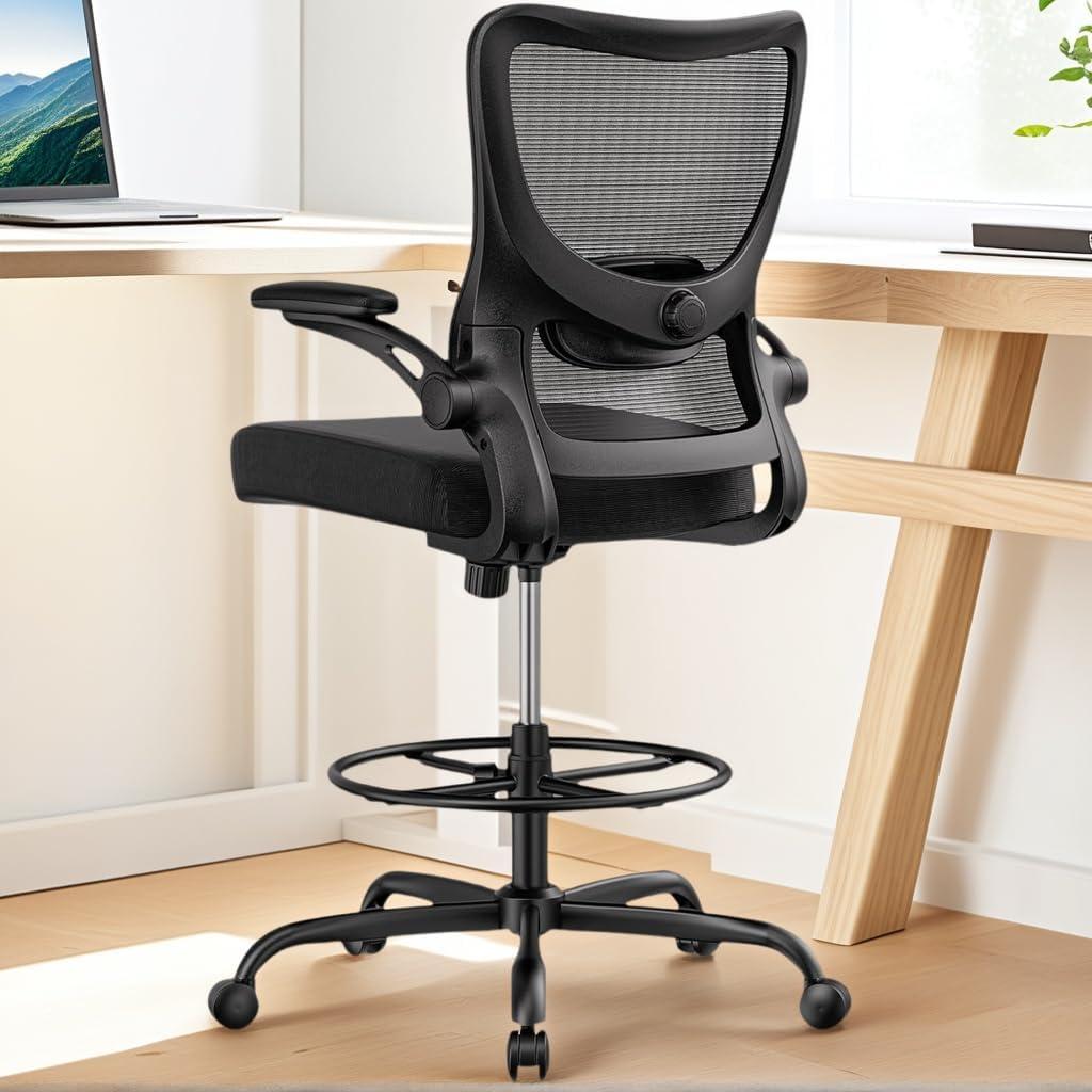 Marsail Drafting Chair, Tall Office Chair with 2D Lumbar Support, Standing Desk Chair,High Office Chair with Padded Flip-Up Armrests & Adjustable Footrest Ring, Ebony