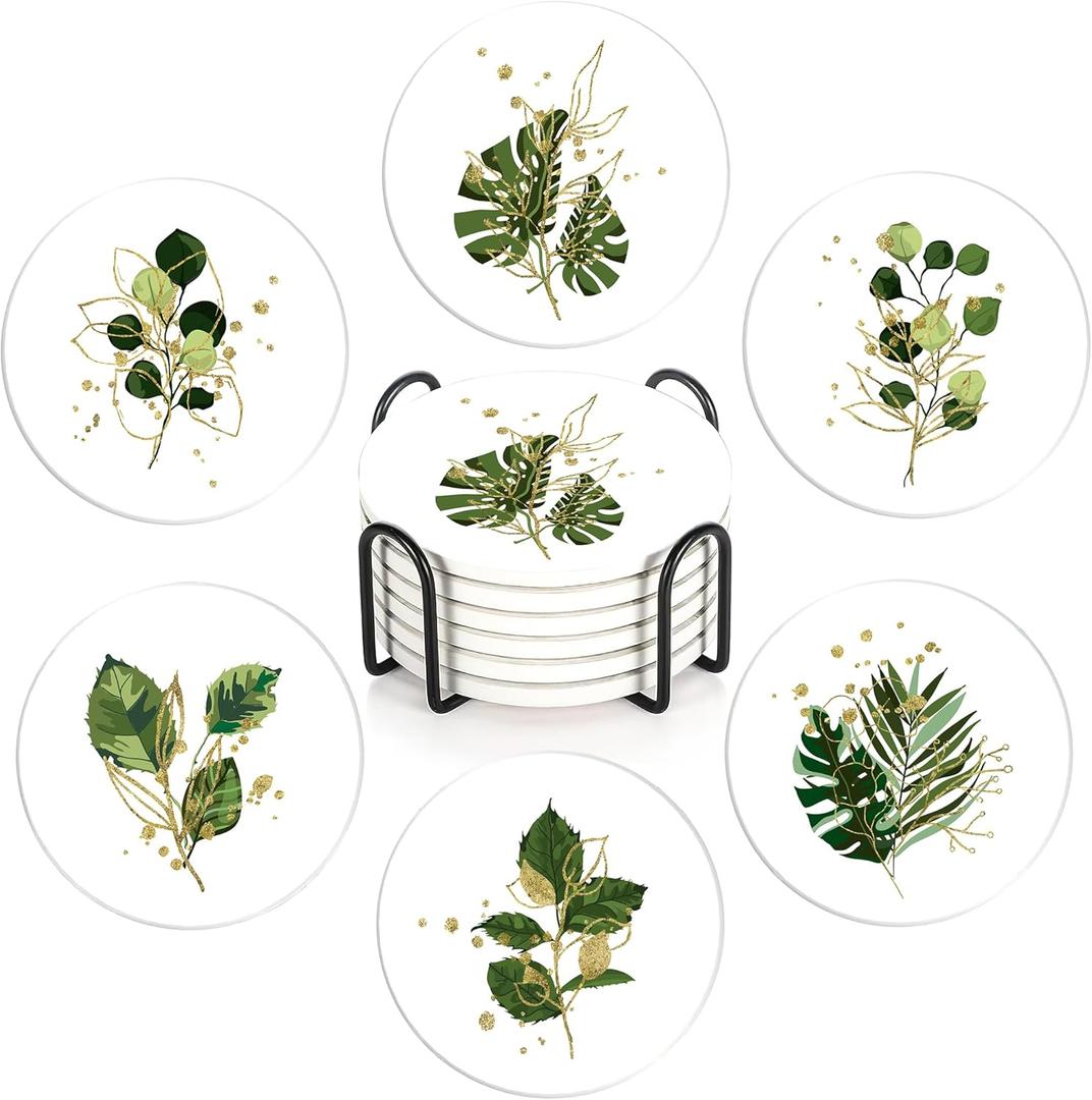 Coasters Set with Holder,Green Plants Absorbent Ceramic Coasters with Cork Base,Cute Funny Table Cup Mat 6 Pcs, Table Home Decor