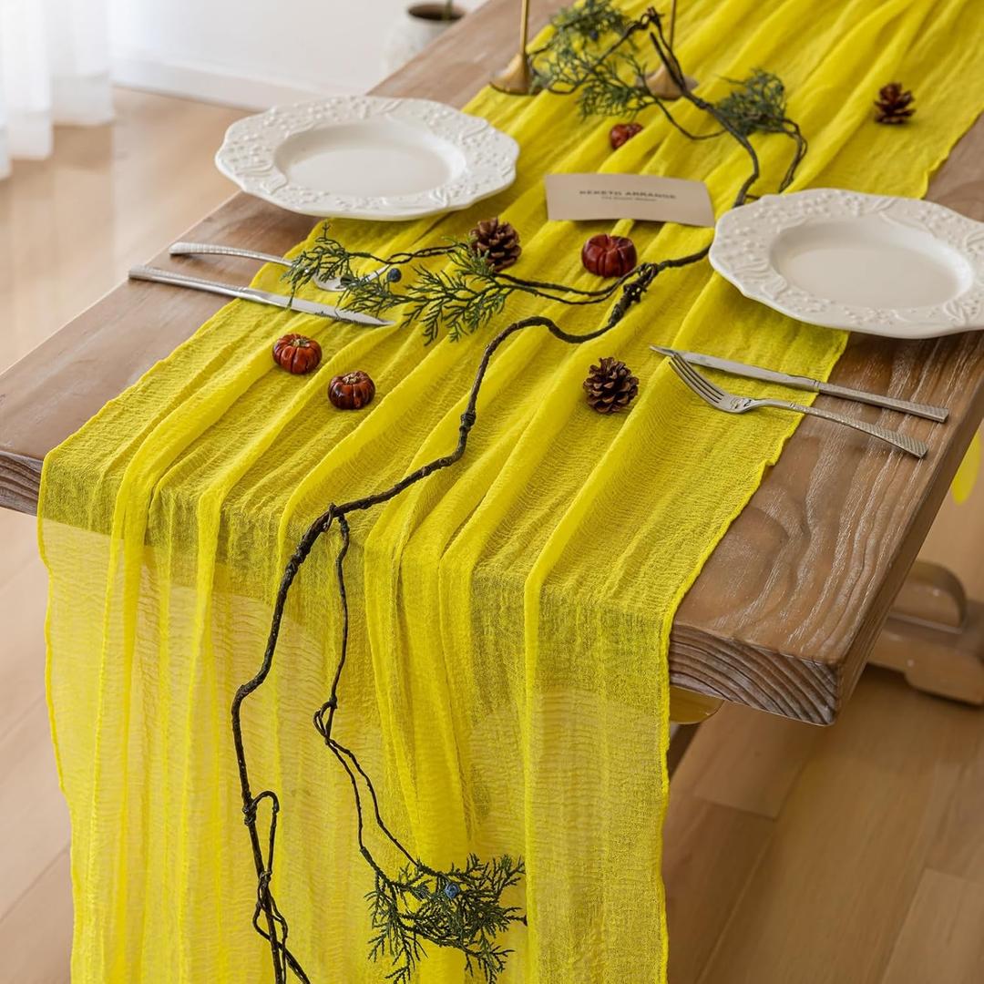 2 x Yellow Table Runner Rustic Gauze Cheesecloth Table Runner 120 Inch 10 FT for Wedding Baby Shower Bridal Shower Engagement Garden Party Long Sheer Home Decorations