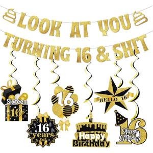 2 x Look at You Turning 16 Banner, Sweet 16 Party Decorations, Happy 16th Birthday Banner, 16th Birthday Decorations For Girl, Gold Glitter