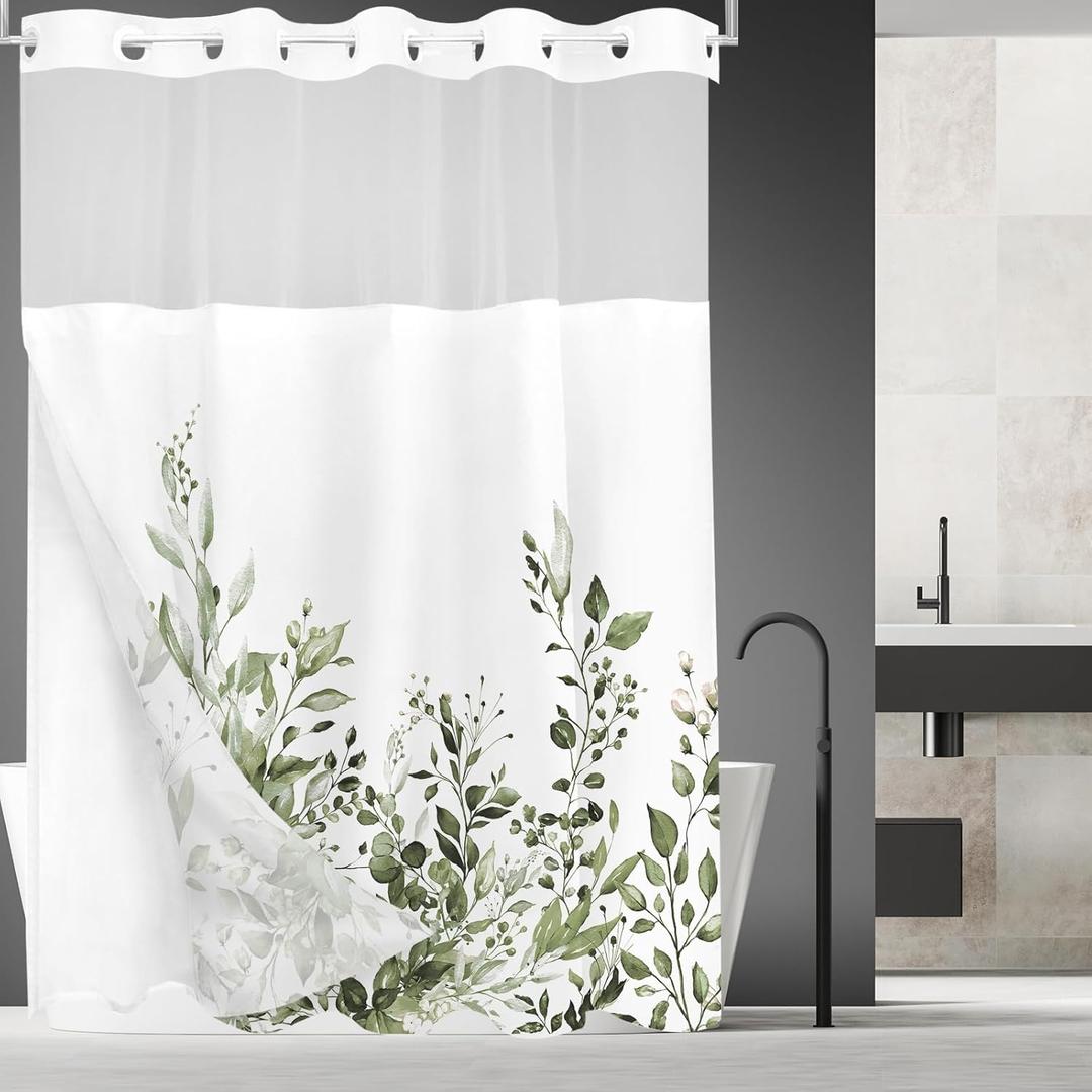 Tititex No Hooks Snap in Liner Olive Green Eucalyptus Leaves Shower Curtain Sets, Hotel Luxury Double Layers Waterproof Fabric & See-Through Top Window Bathroom Decorative 72x84 Inch