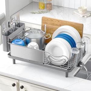 Urackify Stainless Steel Dish Drying Rack - Large Capacity Kitchen Counter Organizer with Drain Board, Utensil Holder & Detachable Cup Shelf, 304 Surgical-Grade Rust-Proof Dish Drainer, Easy Assembly (Gray)
