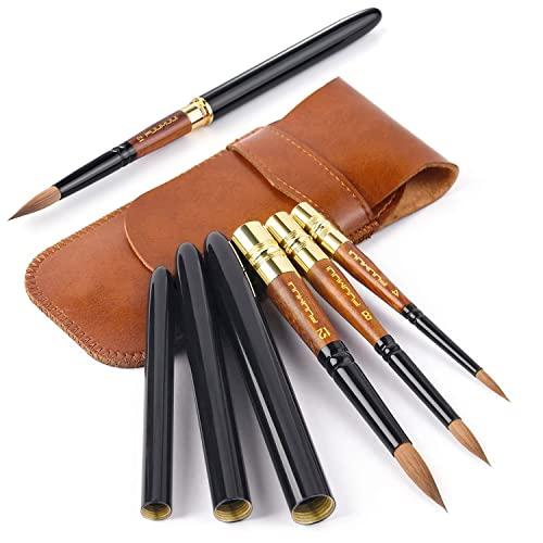 Travel Watercolor Brushes, Fuumuui 3Pcs Plein Air Elegant Sable Water Color Brushes with Pocket Size Leather Pouch Perfect for Watercolor Gouache Ink Painting