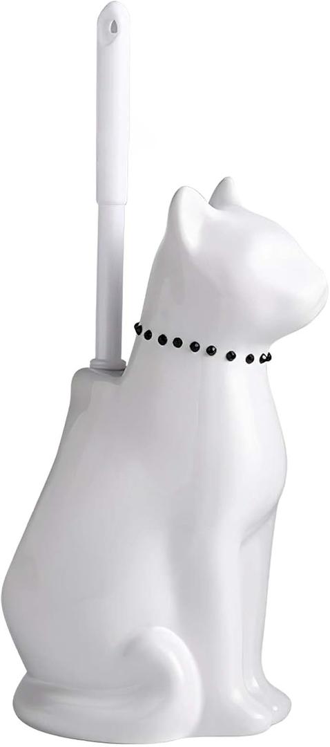 Cat Toilet Brush Holder - Ceramic Whimsical Feline Design with Wide-Mouth Storage, Black Toilet Bowl Brush and Holder Set Cute for Bathroom Ground, Easy-Clean Cat Lover Gift (White)