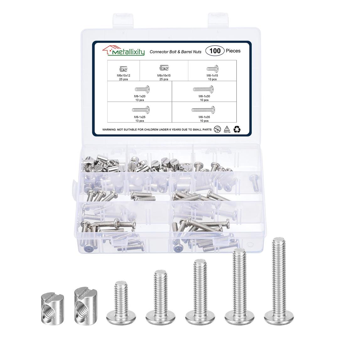 METALLIXITY Crib Screws Replacement Set(M6-1x15/20/25/30/35mm) 100Pcs, Silver, Connector Bolt M6 Screw Barrel Nuts Binding Screws, for Chair Cabinet Bed, Silver