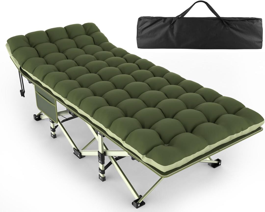 ZENPETIO Camping Cot for Adults - Heavy-Duty Cot Bed with Mattress, Portable Sleeping Cots for Outdoor Indoor, 1200D Oxford Folding Cots for Home Travel, Max load 500LBS, Fits People up to 6'3", Green