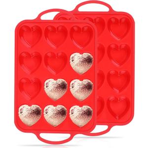 2 Pcs Heart Shaped Muffin Pan with Metal Reinforced Frame 12 Cup Nonstick Silicone Heart Cake Mold for Baking 2.5 Inch Cupcake Tray (Red)