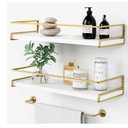 Forbena Floating Bathroom Shelves Wall Mounted, Aesthetic White and Gold Shelves for Bathroom Accessories, Modern Bathroom Organizer with Tower Bar for Wall Decor Storage Small Spaces, Set of 2