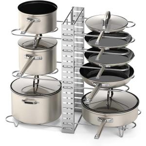 Vdomus Pot Rack Organizer - 3 DIY Methods, Pan and Lid Storage for Cabinet Organizing, 8+ Pot and Pan Holder, Adjustable Pot Rack Lid Holder (Silver)