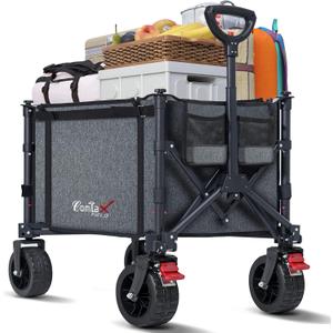 Collapsible Wagon Cart Foldable with Big Wheels Brakes, 250lbs Folding Utility Lightweight Garden Wagon, Portable Grocery Cart for Camping Shopping Sports Pets, 33.5"D x 23"W x 17.5"H Grey (Gray)
