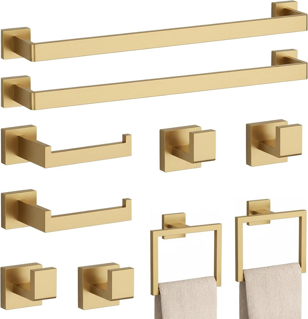 10-Piece Brushed Gold Bathroom Accessories Set  23.6" Towel Bar, Towel Ring, Toilet Paper Holder & Hooks, Wall Mounted Bathroom Hardware, Rust & Corrosion-Resistant, Ideal for Modern Bathrooms