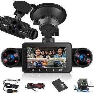 NHOPEEW Dash Cam Front and Rear Inside, 4 Channel Dash Cam 3" IPS Screen Front and Back with 8 IR Night Vision Lights, Loop Recording, 24 Hours Recording, G-Sensor, Reverse Help + 64G Memory Card