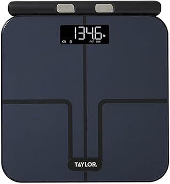 Taylor Smart Total Body Composition Scale with Precision Hub App, Retractable Handle, 11.8" x 11.8" Glass Platform, Vanishing 0.9" LED Display, 440 lb Capacity, 8 Contact Points, Black