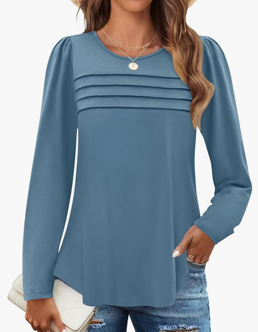 ZESICA Women's Fashion Long Sleeve Shirts 2025 Dressy Casual Blouses Trendy Pleated Tunic Tops, Size Large, Turqoise 