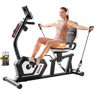 RAMXE Exercise Bikes for Home，Quiet Recumbent Stationary Bikes for Adults & Seniors, 16-Level Resistance Silent,Supports 400LB,Equipped With a Heart Rate Sensor, an LCD Display, and a Bluetooth App