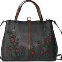 Genuine Leather Satchel for Women Top Handle Bags Handmade Purse Vintage Embossed Leather Crossbody Handbags Hobo Bag (Black-2)