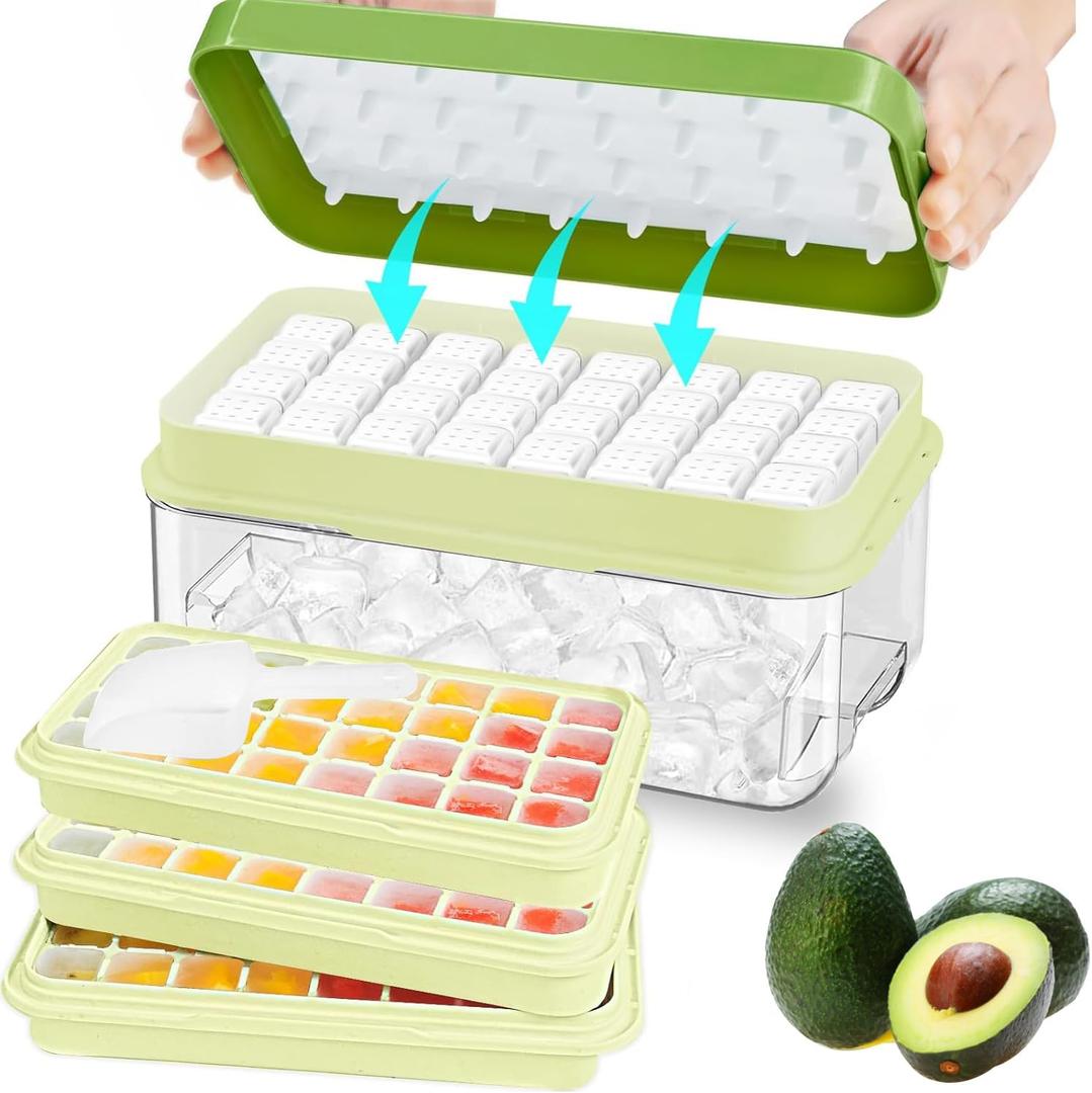 Ice Cube Tray, Ice Tray with Lid and Bin and Ice Scoop, Ice Cube Pop Out Tray, Ice Cube Trays for Freezer, Ice Cube Molds, BPA Free, Easy Release Stackble Spill-Resistant (Green 3 Tier)