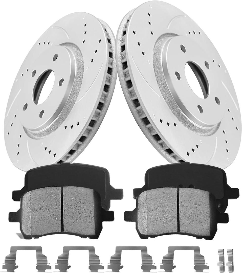 Anpulsero Front Automotive Replacement Brake Kit, Drilled Slotted Brake Rotors Brake Pads Compatible with 2006-2012 Chevy Malibu, 2006-2008 Chevy HHR| Anti-Rust Geomet Coated | 296mm(11.7in)