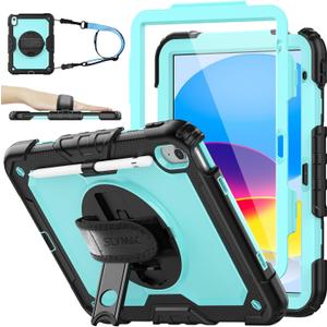 SEYMAC Stock Case for iPad (A16) 11th/10th Generation 11''/10.9'' 2025/2022, Full-Body Drop Protection Case with Screen Protector &360 Rotate Hand Strap/Stand, Brightblue+Black