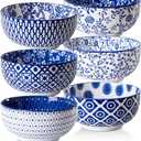 Ceramic Soup Bowls Set - 23 Oz Deep Cereal Bowl for kitchen - 6 Inch Porcelain Salad Bowl for Pasta, Dessert, Ramen - Microwave Dishwasher Safe - Set of 6 - Vintage Blue
