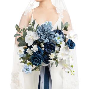 Ling's Moment Navy Blue Bridal Bouquet, 13 Inch Wedding Bouquets for Bride, Silk Free Form Bridal Bouquets for Wedding, Ceremony, Anniversary, etc.