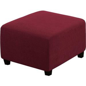 H.VERSAILTEX Square Ottoman Covers Ottoman Slipcovers Folding Storage Stool Furniture Protector Form Fit with Elastic Bottom, Stretch High Spandex Small Checks Jacquard Fabric(Medium,Burgundy Red)