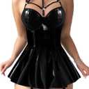 Foxiny Sexy Strappy Leather Underwire Choker Garter Belt Mini Lingerie Set Dress with Thong 3 Piece (Glossy Black)
