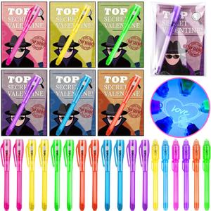 24 Pack Valentines Day Gifts for Kids Classroom Invisible Ink Pen with Valentines Cards, Valentines Party Favors for Kids School Spy Pen Magic Gifts Valentines Pens for Class Exchange Card Prizes