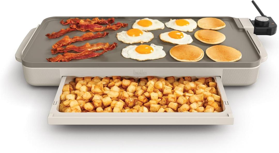bella 10" x 20" Electric Griddle with Warming Tray, EverGood Ceramic Nonstick Coating & Removable Temperature Probe, Dishwasher-Safe Drip Tray & Cool Touch Handles, 1500 Watt, Oatmilk