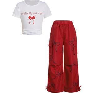 RoseSeek Girl's 2 Piece Summer Outfits Short Sleeve Ruched Basic Tess and Camo Cargo Pants Sets Trendy