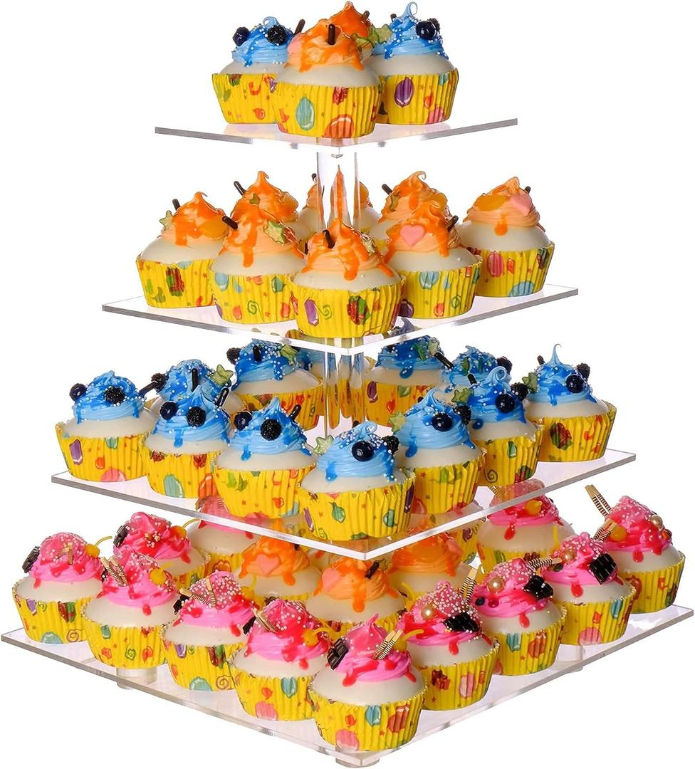 Cupcake Stand, 4 Tier Cupcake Stand for 50 Cupcakes, Square Tiered Cupcake Tower, Clear Acrylic Cupcake Holder, Dessert Stands for Party, Wedding, Birthday, Baby Shower, Halloween