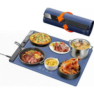 Food Warming Mat 24"x16", Electric Warming Tray with 6 Level Adjustable Temperature, Heating Fastly in 10s, Timed Function & Kids Lock, Portable Roll-Up Mat for Family Gatherings, Buffets and Parties (Blue)