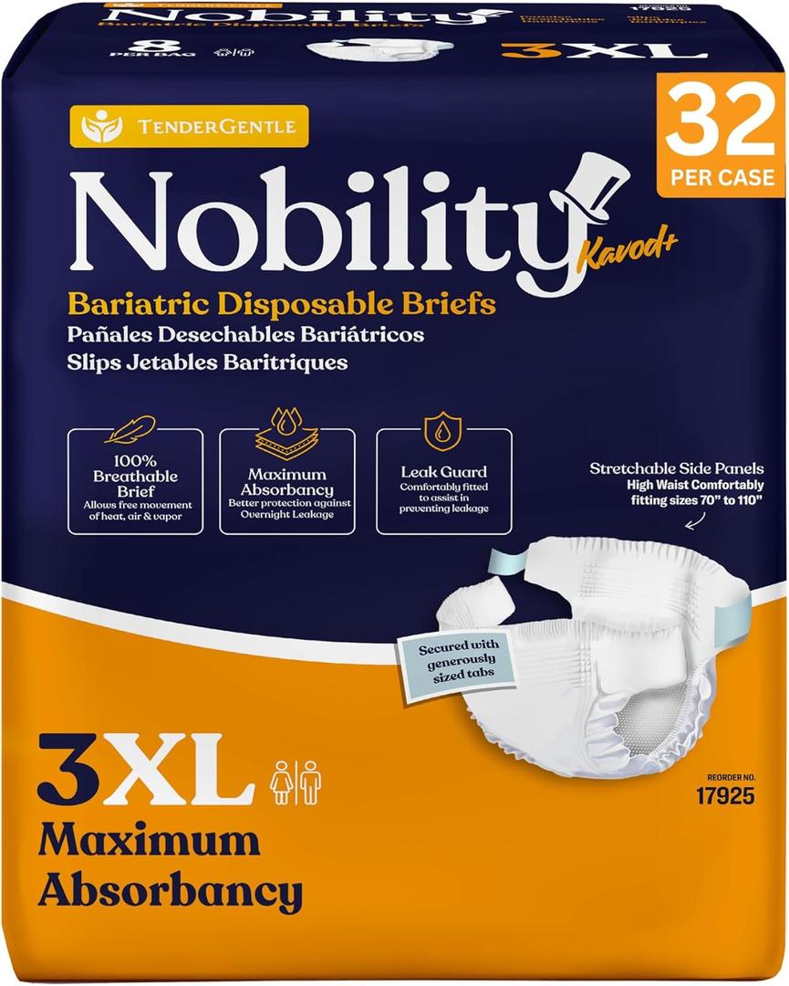 3XL Adult Diapers for Women and Men - Case of 32 Bariatric Disposable Briefs with Tabs and Stretchable Side Panels - Breathable with Max Absorbency