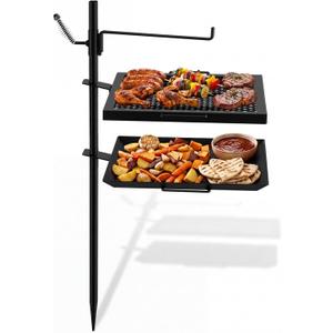 24" Fire Pit Campfire Grill Grate, 18.5" x 16" Portable Open Fire Cooking Grill Grate Round Camping Cooking Barbecue Rack Heavy-duty, Easy Setup & Adjustable Height for Outdoor Camping BBQ