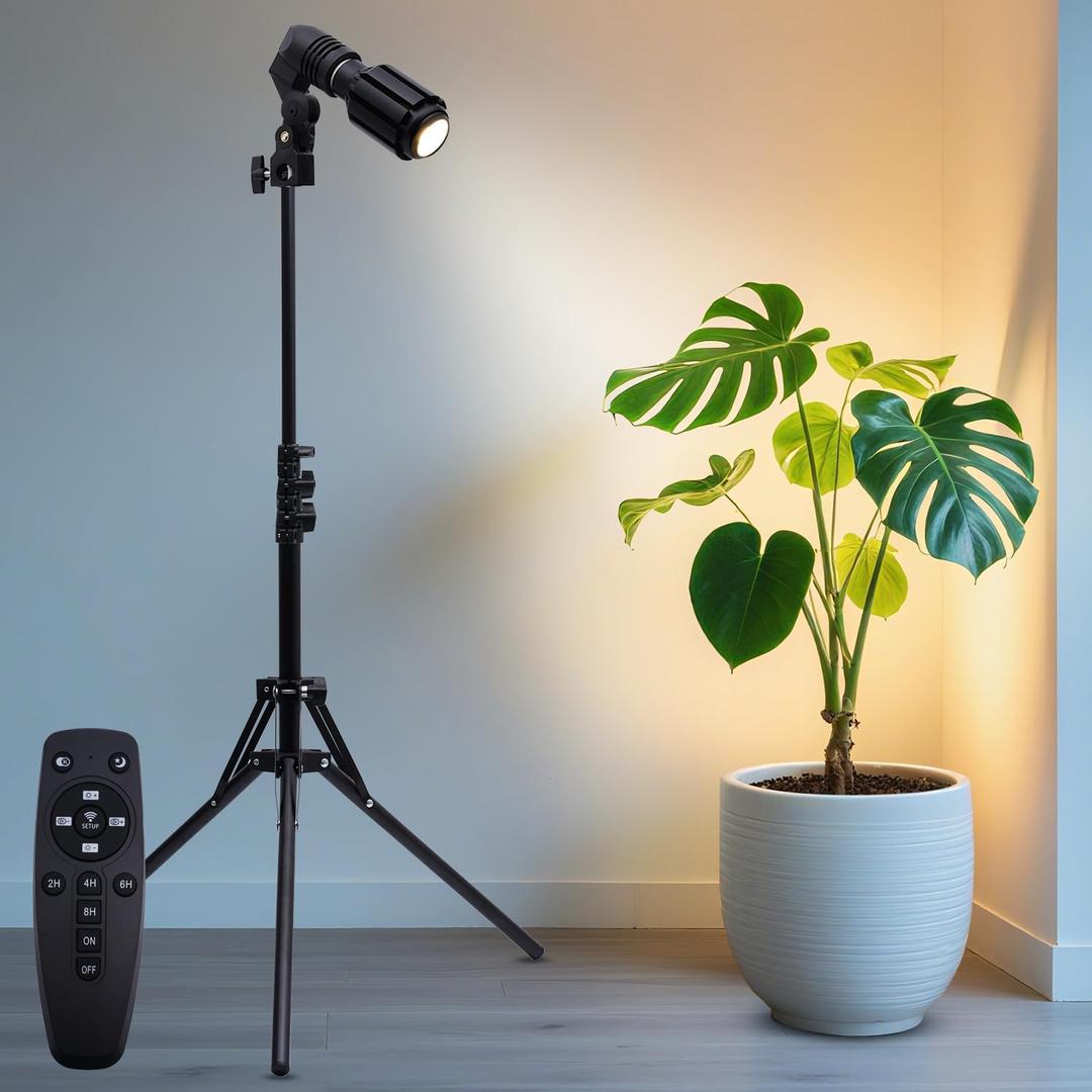 Spot Lights Indoor Tall, 22-63.5 Adjustable Tripod & 10W E26 Replaceable 15 to 60 Zoomable Floor Spotlight Indoor, Dimmable 6000K Up Light with Remote, Aluminum Plant Grow Light, Black
