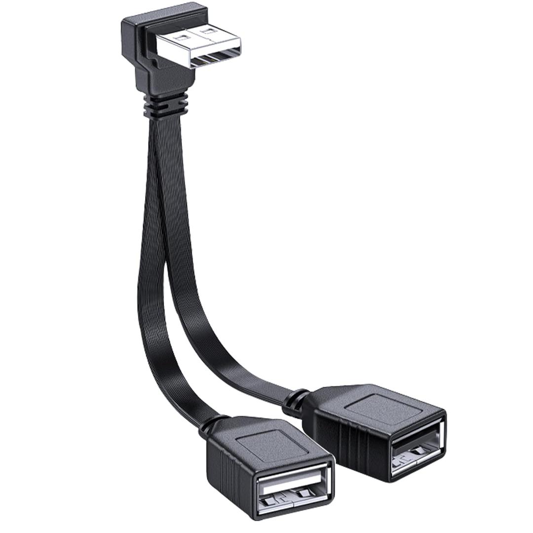 USB Splitter Cable 1 in 2 Out, 90 Degree USB 2.0 A Male to Dual USB Female Extension Hub Power Cord Support Charging and Data Transfer for Car, Laptop, Tablets, Cellphones (Up Angle, 10cm)